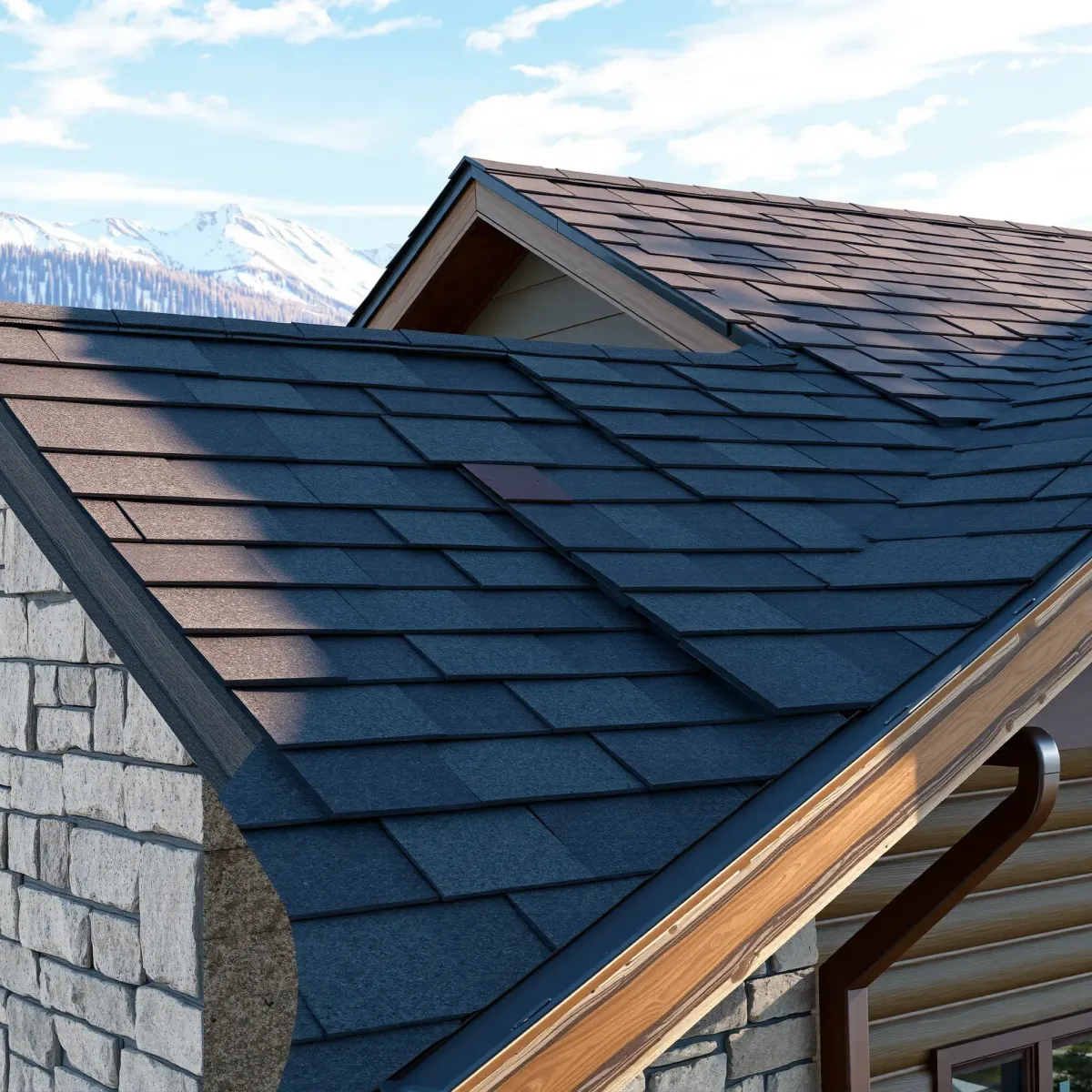 Close-up of expertly repaired shingles on a Breckenridge roof with mountain scenery, showcasing craftsmanship and natural beauty.