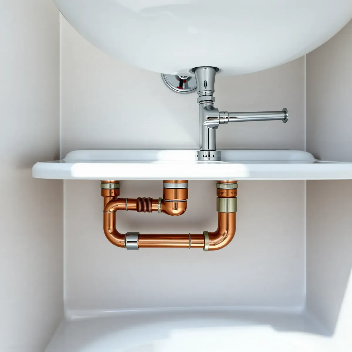 Completed emergency plumbing in Heeney, CO, with polished copper pipes and fixtures under a clean, modern sink.