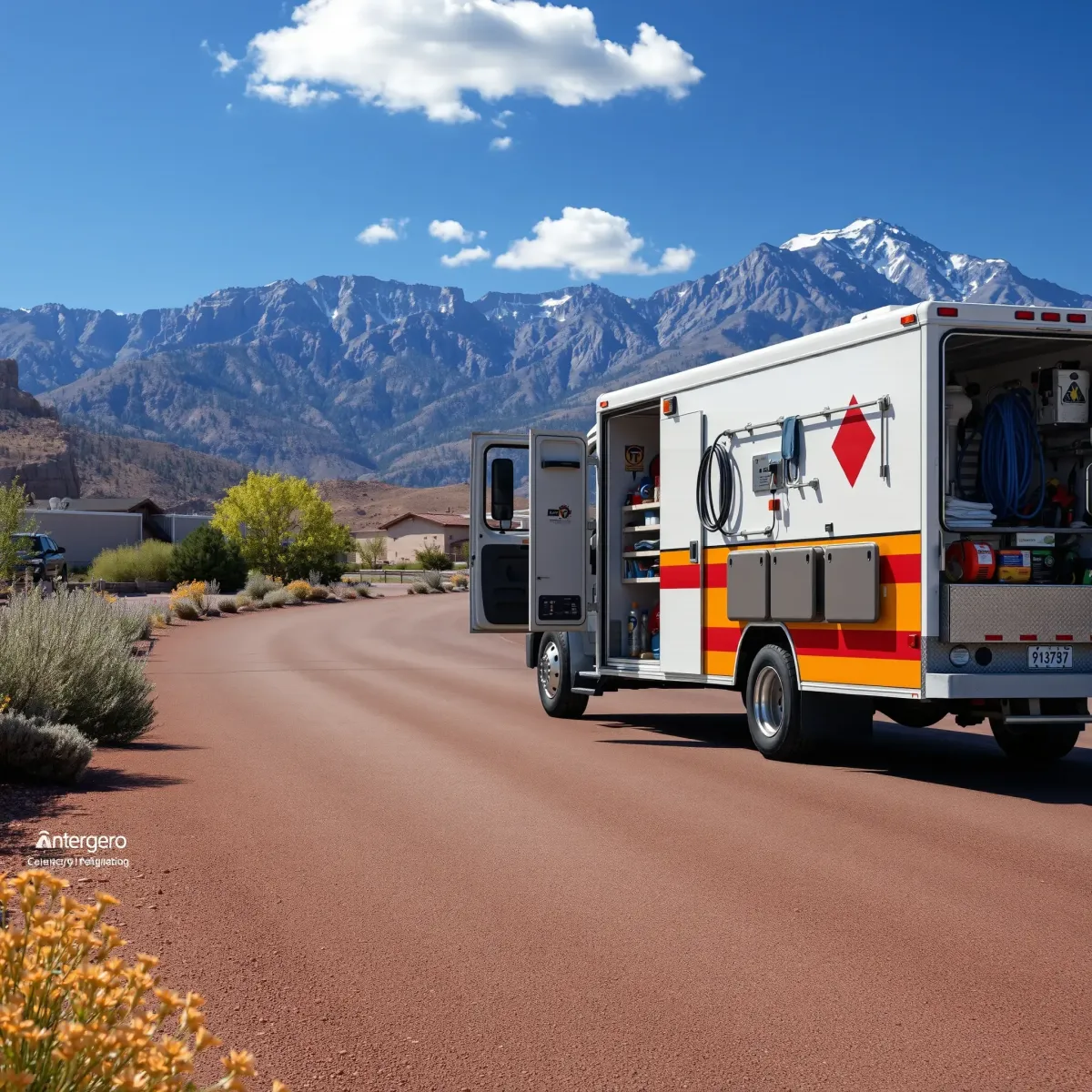 Emergency plumbing service in Dotsero, Colorado, with a service truck, tools, Rocky Mountain backdrop, and Colorado flora.