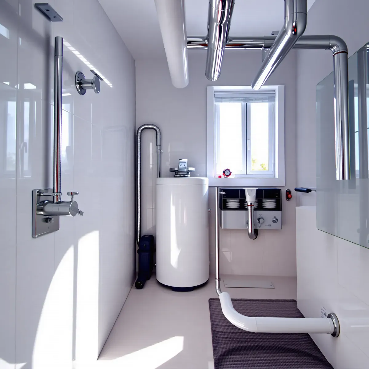Faultless bathroom plumbing in Edwards, CO, with sleek fixtures, polished chrome pipes, and a modern utility room.