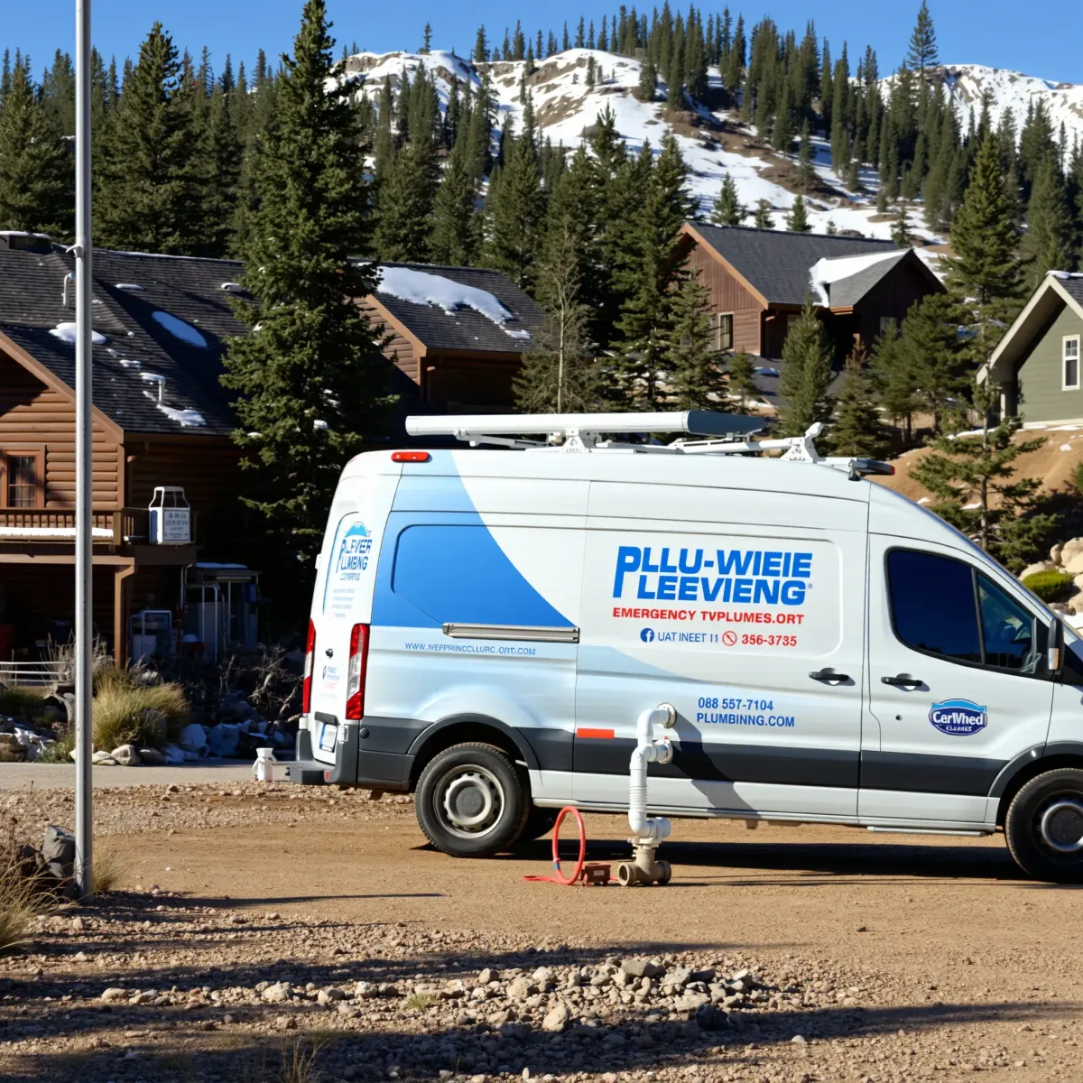 Emergency plumbing repair outdoors in Blue River, Colorado, with a van, tools, pipes, mountain stream, snow-capped peaks, and pine trees.
