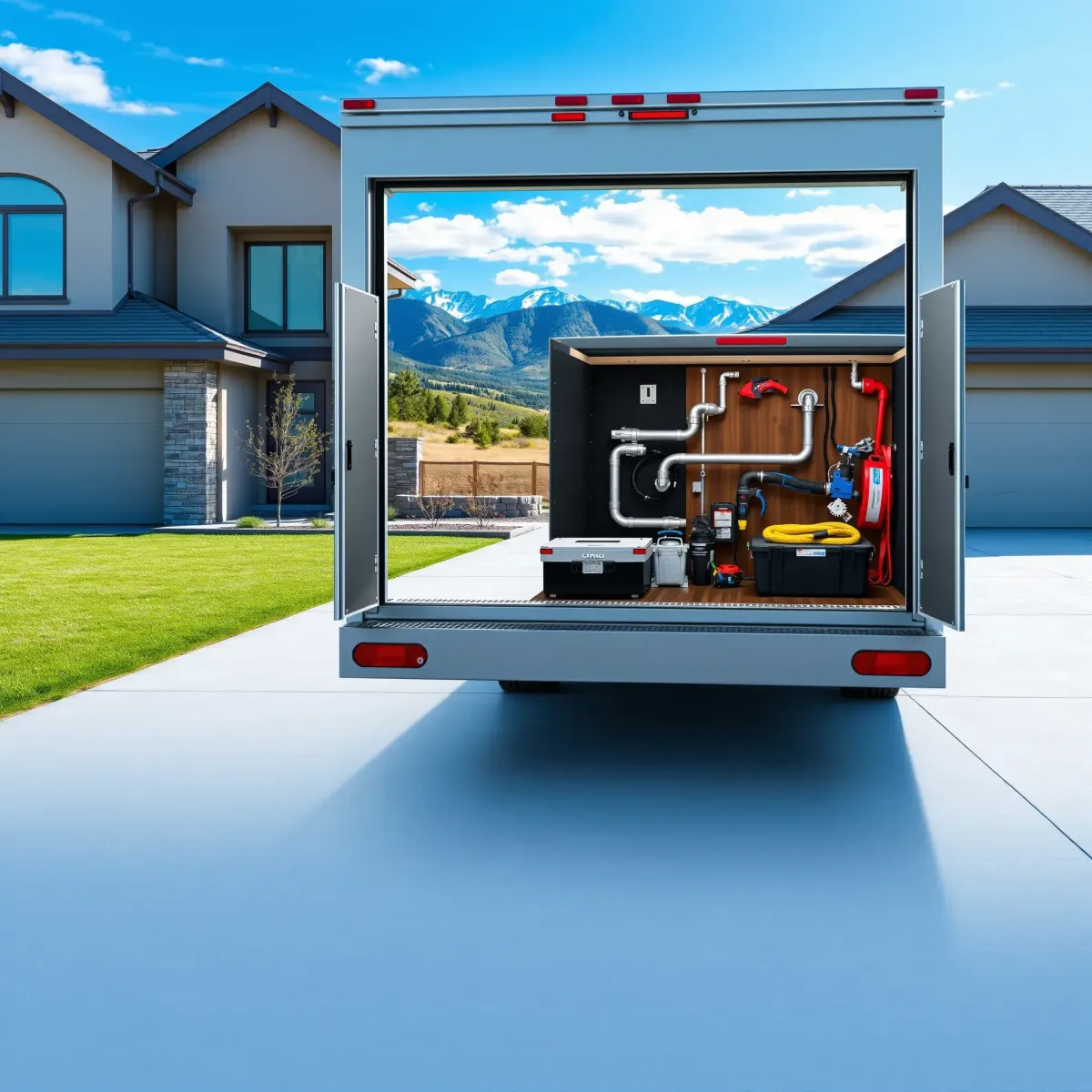 Emergency plumbing service in Avon, CO; organized truck, repaired pipes, modern home, mountain view, clear sky.