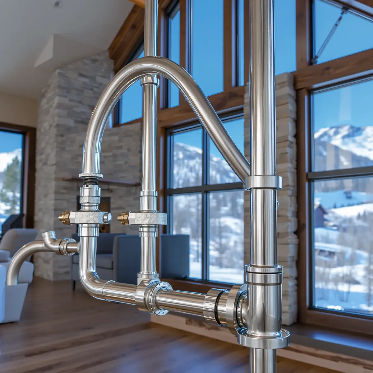 Modern residential emergency plumbing system in Breckenridge, CO, with stainless steel pipes, valves, wooden beams, and mountain views.