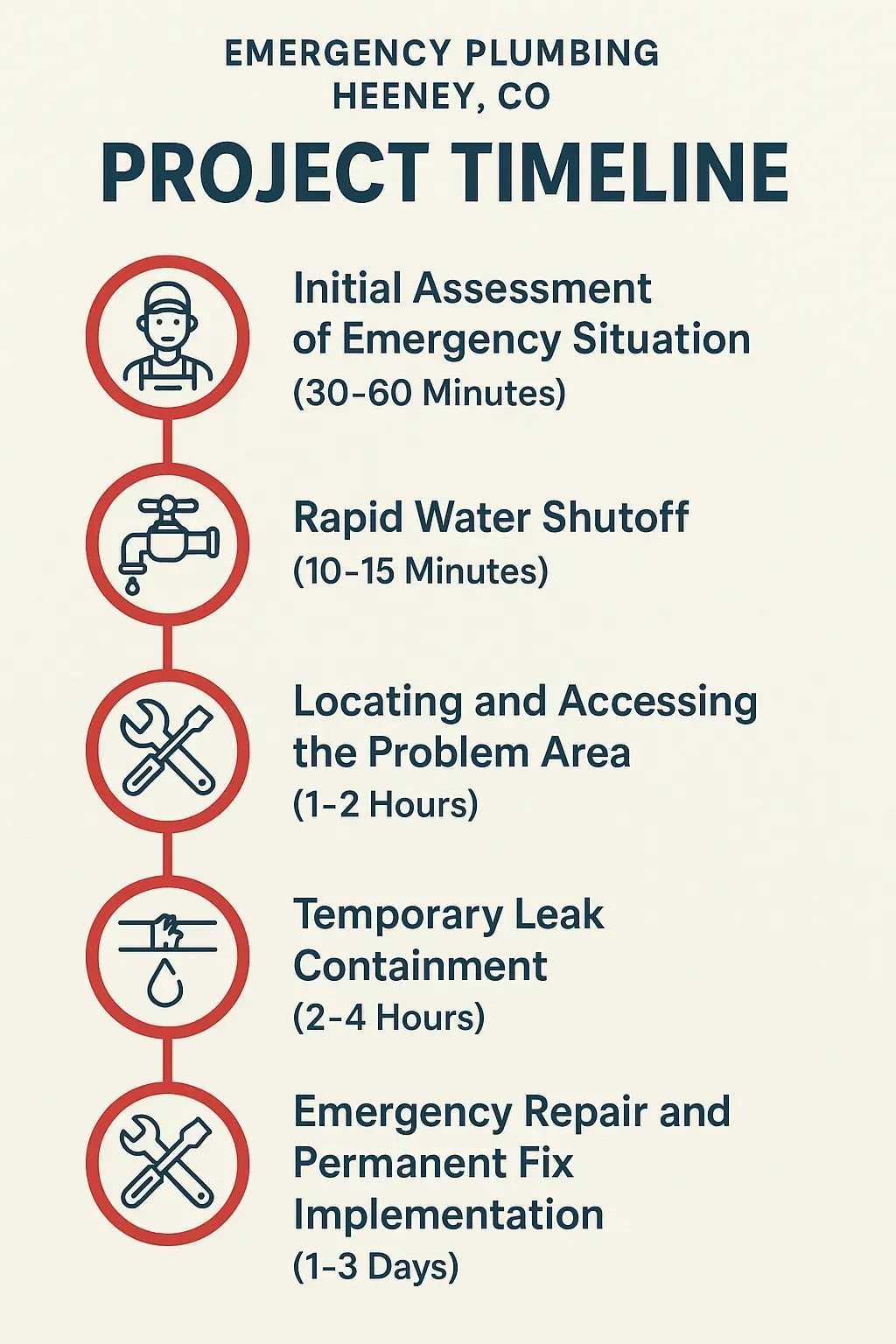 Infographic showing 5-step emergency plumbing response timeline in Heeney, CO: assessment, water shutoff, access, containment, repair.