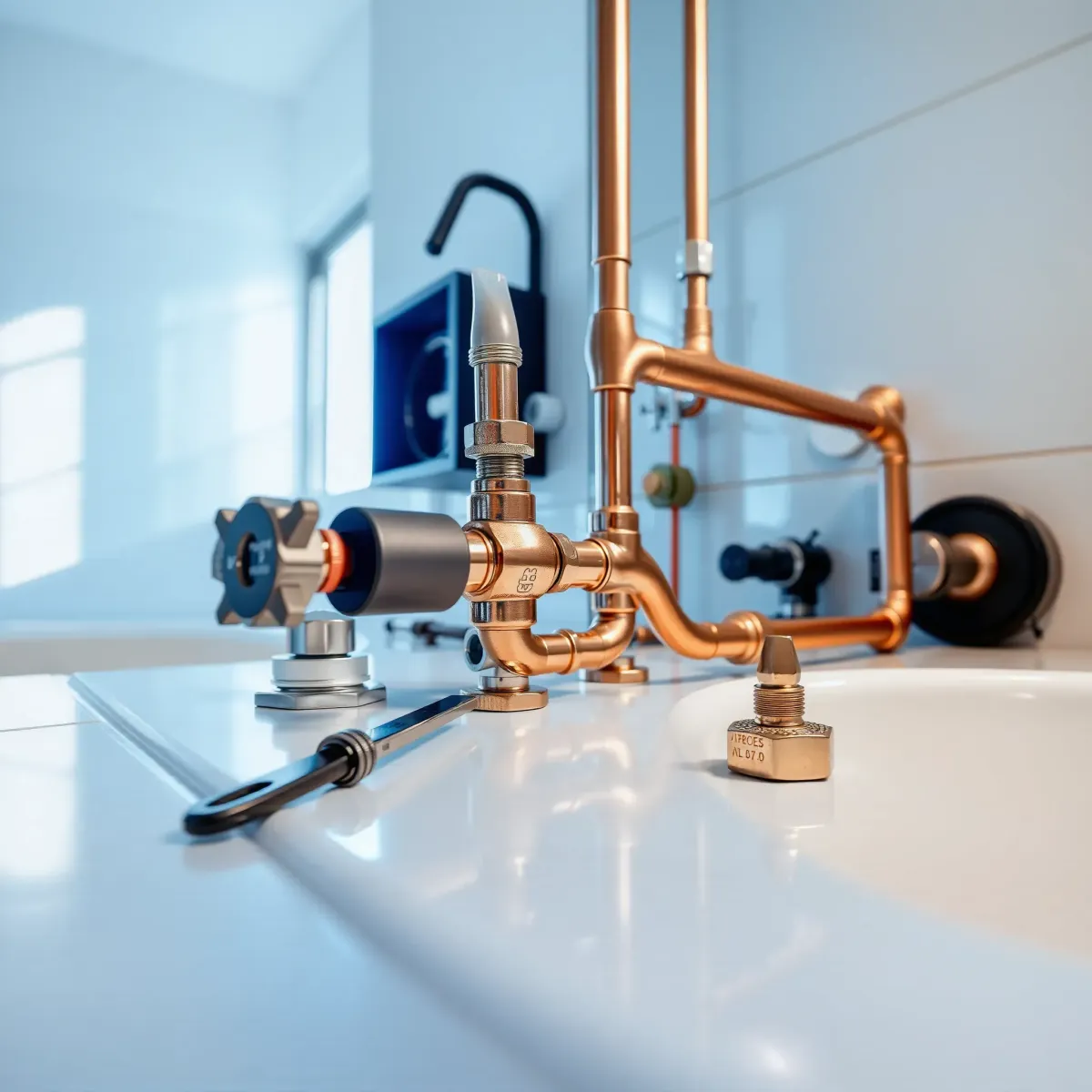 Completed emergency plumbing in Eagle, CO with copper pipes, fittings, tools, and polished fixtures in a modern, clean environment.