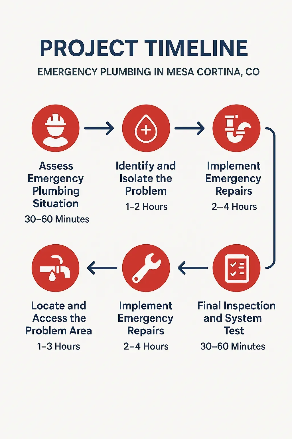 Infographic showing five-step emergency plumbing timeline: assess, identify, locate, repair, inspect in Mesa Cortina.
