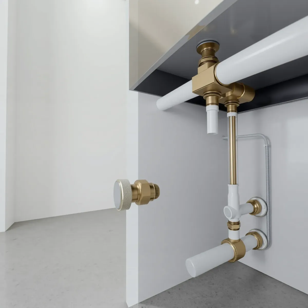 Close-up of a professional Twin Lakes plumbing system with brass fittings, stainless steel parts, and polished finishes.