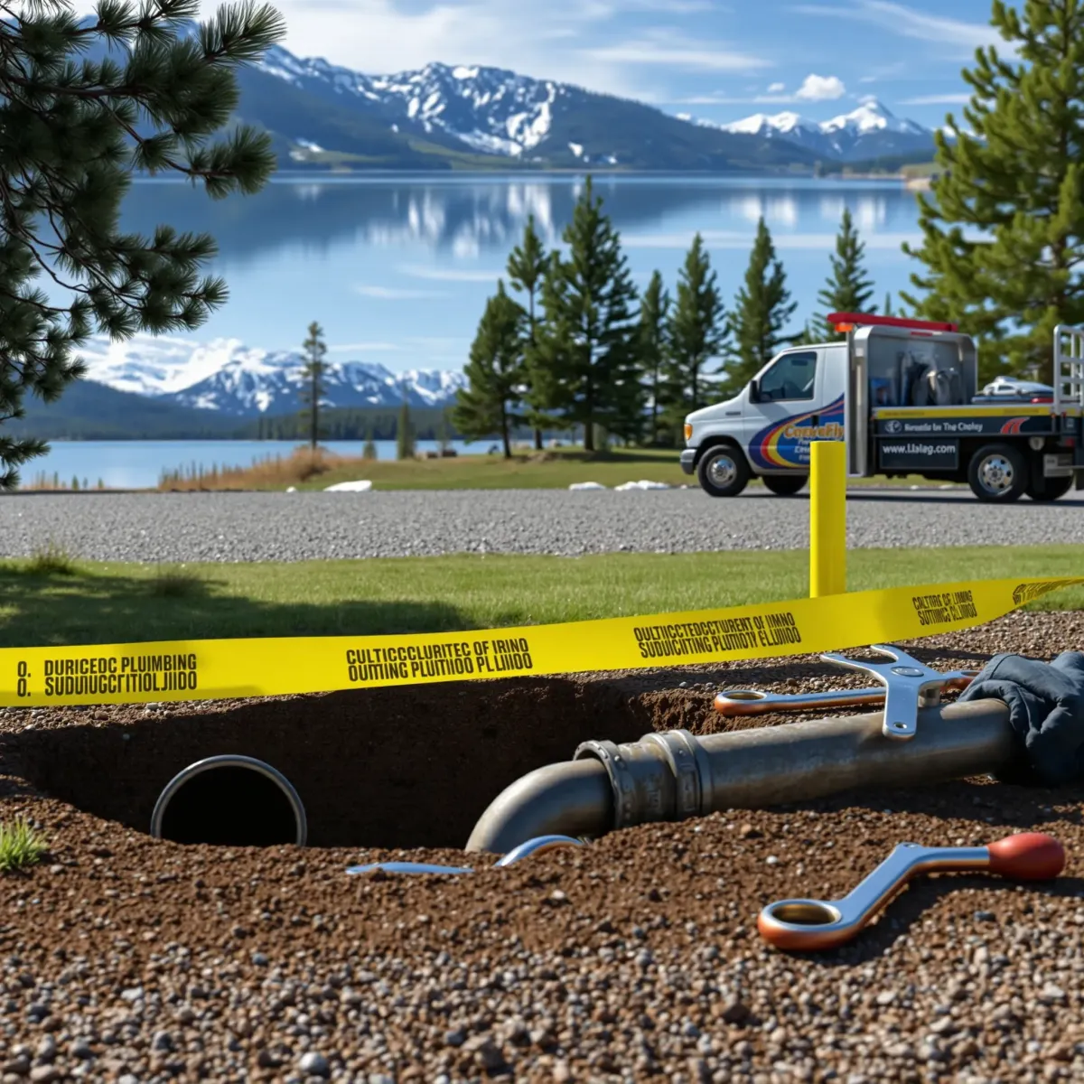 Emergency plumbing repair scene in Twin Lakes, CO, outdoors near a lake with pine trees, a repair truck, tools, and caution tape.