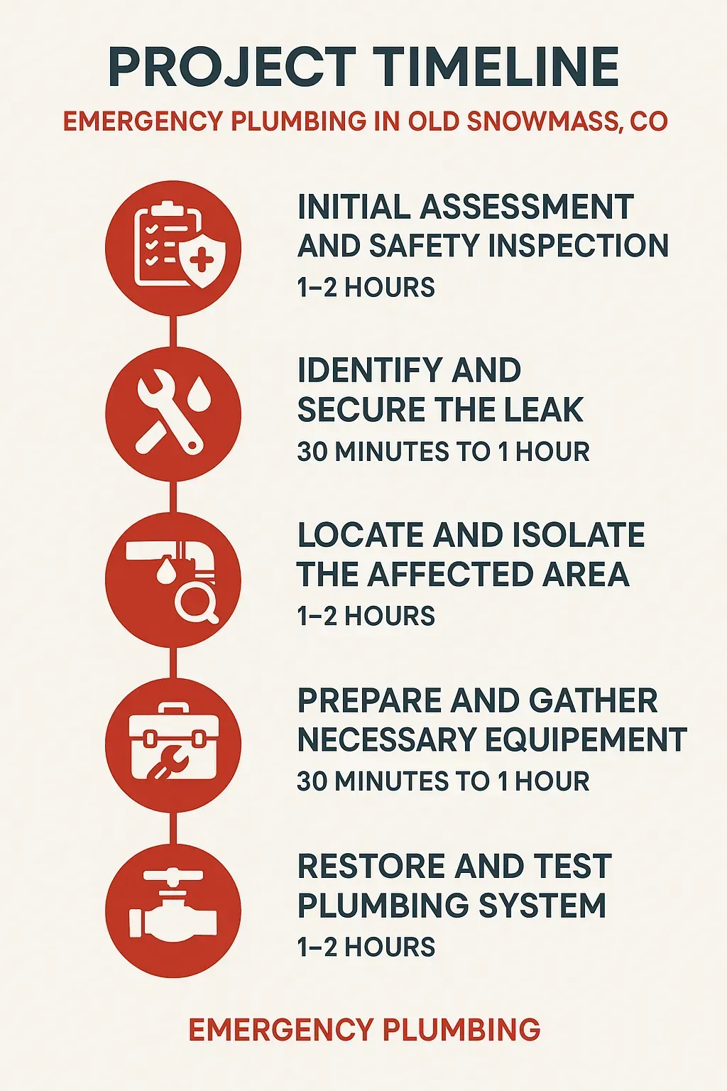 Infographic showing 5-step emergency plumbing timeline: assessment, leak pinpointing, area isolation, equipment prep, system restoration.