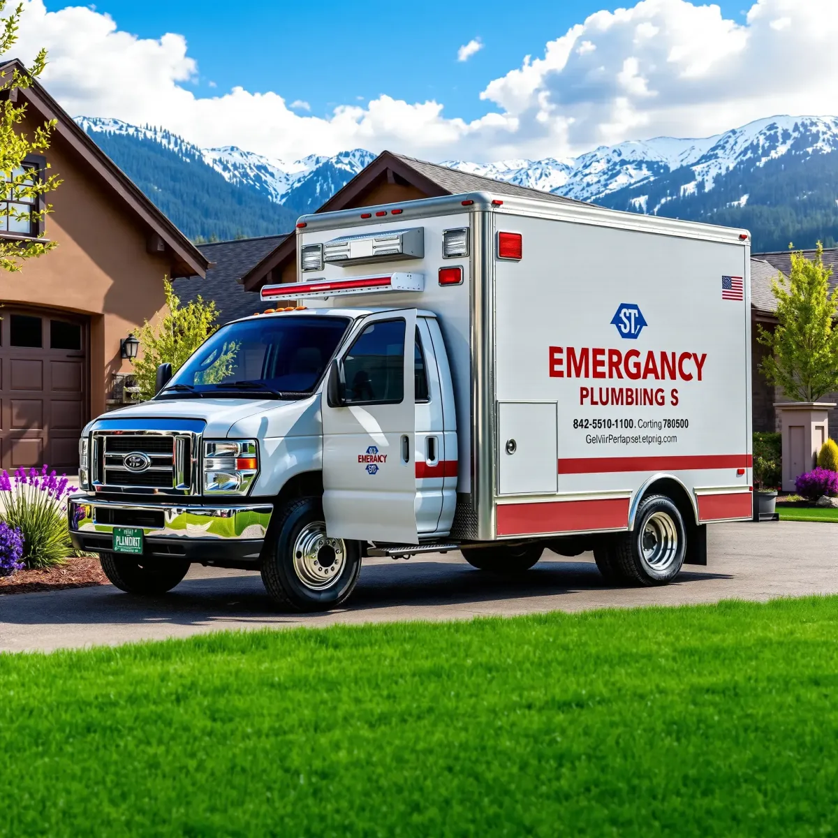 Emergency plumbing truck in Minturn, CO with branded vehicle and tools, set against mountain town scenery.