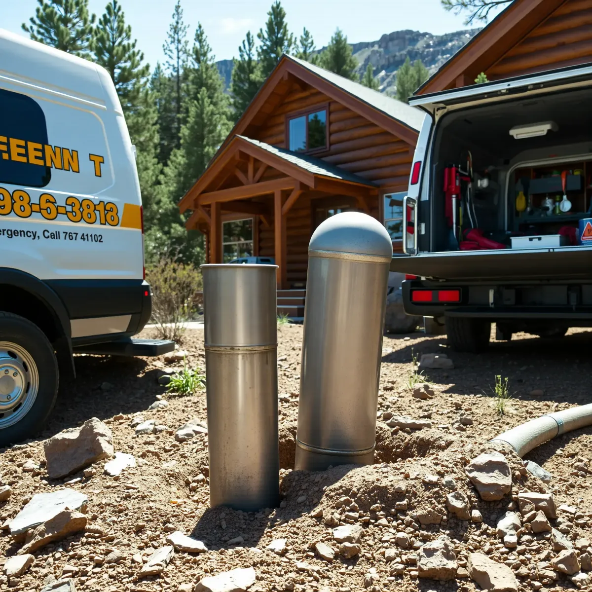 Emergency plumbing van near a mountain cabin in Wolcott, Colorado, with tools, repaired pipe, and natural rugged surroundings.