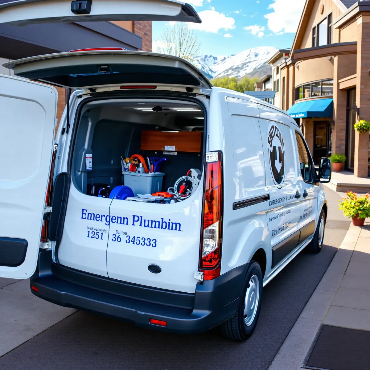 Emergency plumbing van in Dillon, CO with company logo, tools, and mountain town background.