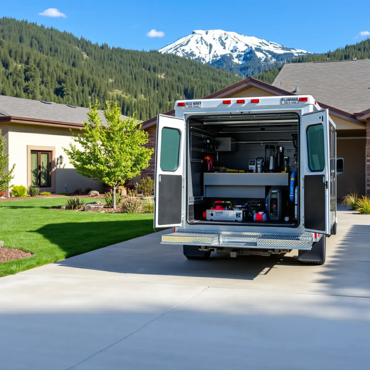 Clean plumbing truck with company branding, parked at a tidy home in Woody Creek, CO, set against mountain scenery.