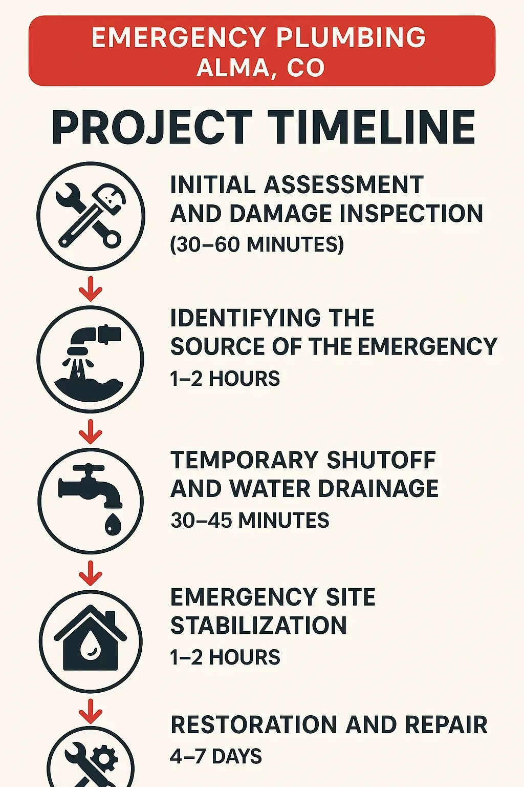 Infographic showing 5-step emergency plumbing timeline for Alma, CO: assessment, source identification, shutoff, stabilization, repair.