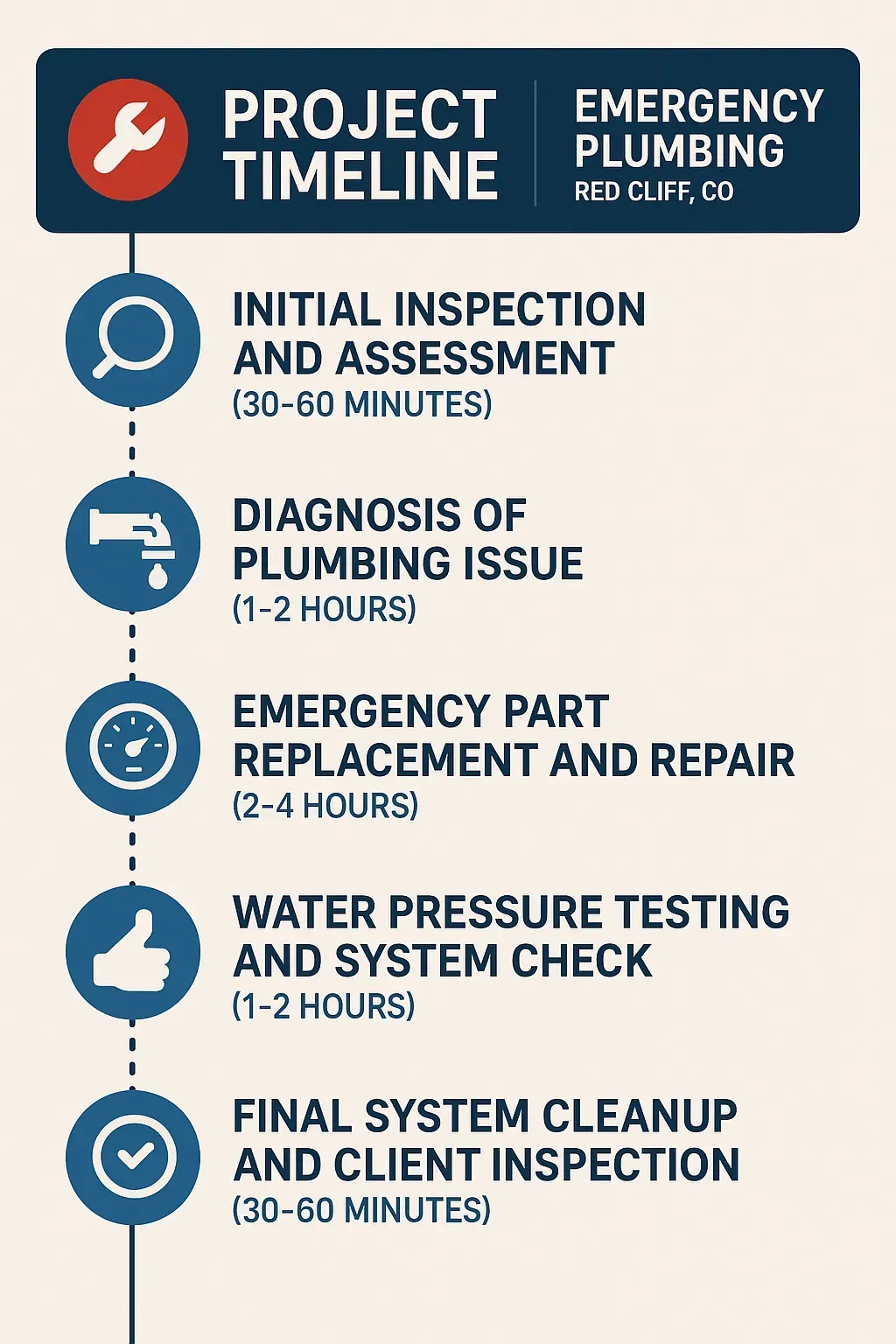 Infographic outlining 5-step emergency plumbing timeline in Red Cliff, CO: inspection, diagnosis, repair, testing, and cleanup.