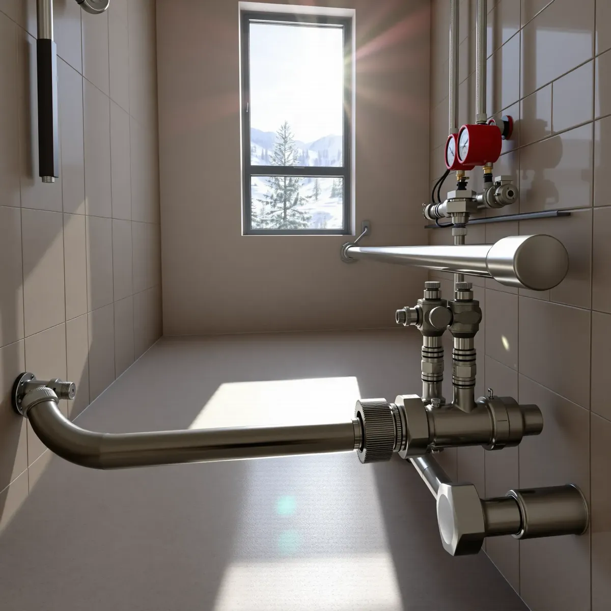 Modern emergency plumbing system in Summit Cove, CO with stainless steel pipes, valves, gauges, and organized wiring.