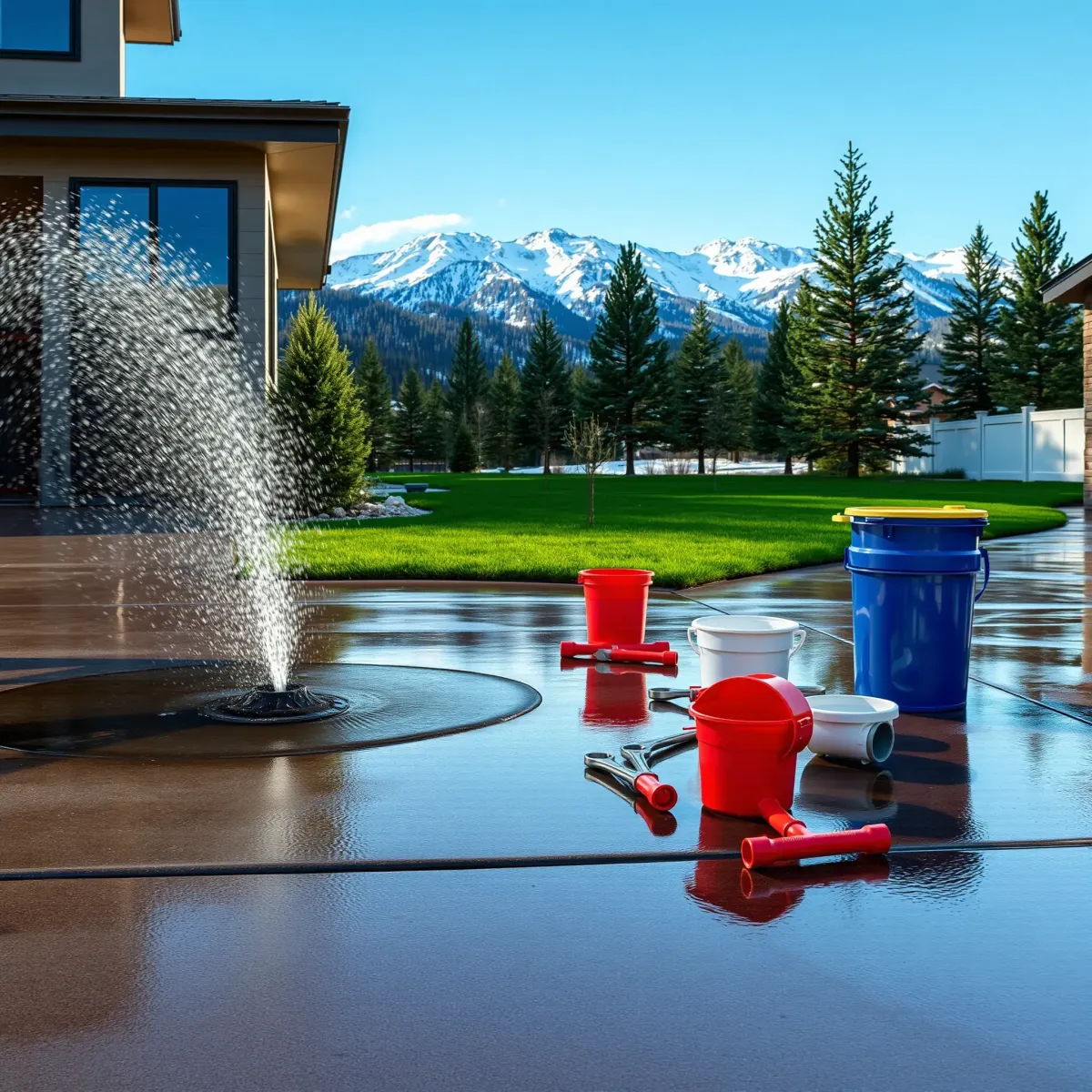 Emergency plumbing scene in Wildernest, CO with a water leak near a pipe, tools nearby, mountain scenery, and wet yard.