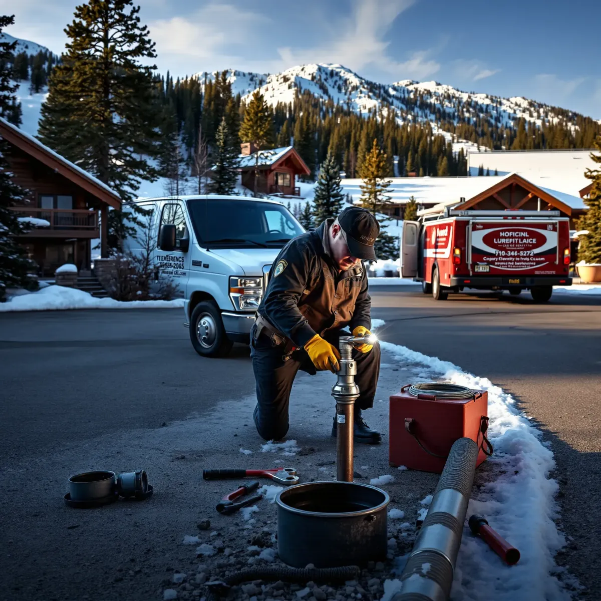 Professional plumber repairing outdoor plumbing near mountain lodge in Bachelor Gulch, CO, with snow-capped peaks and pine trees.