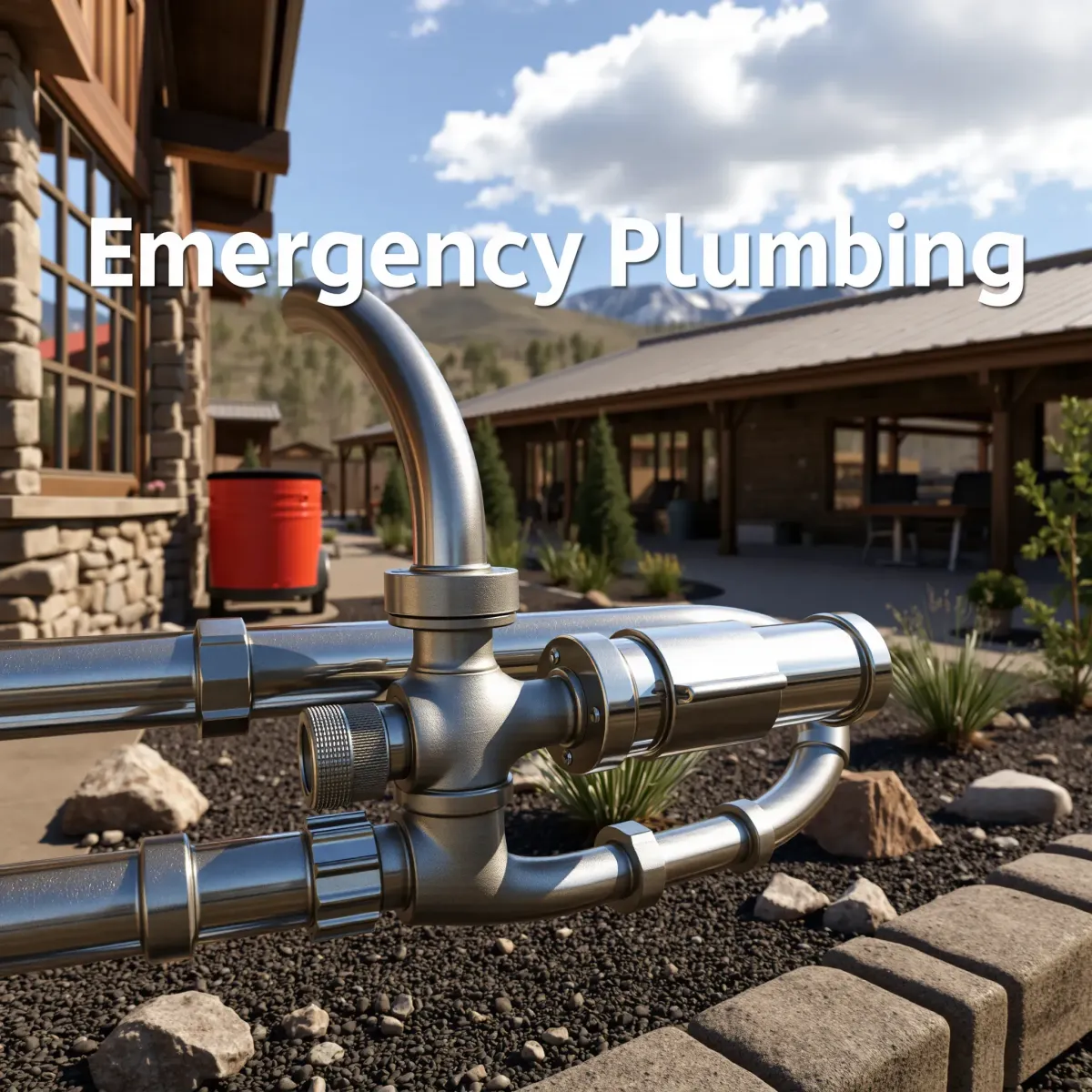 Completed emergency plumbing system with metallic pipes and fittings outside a historic Silver Plume building, in mountain scenery.