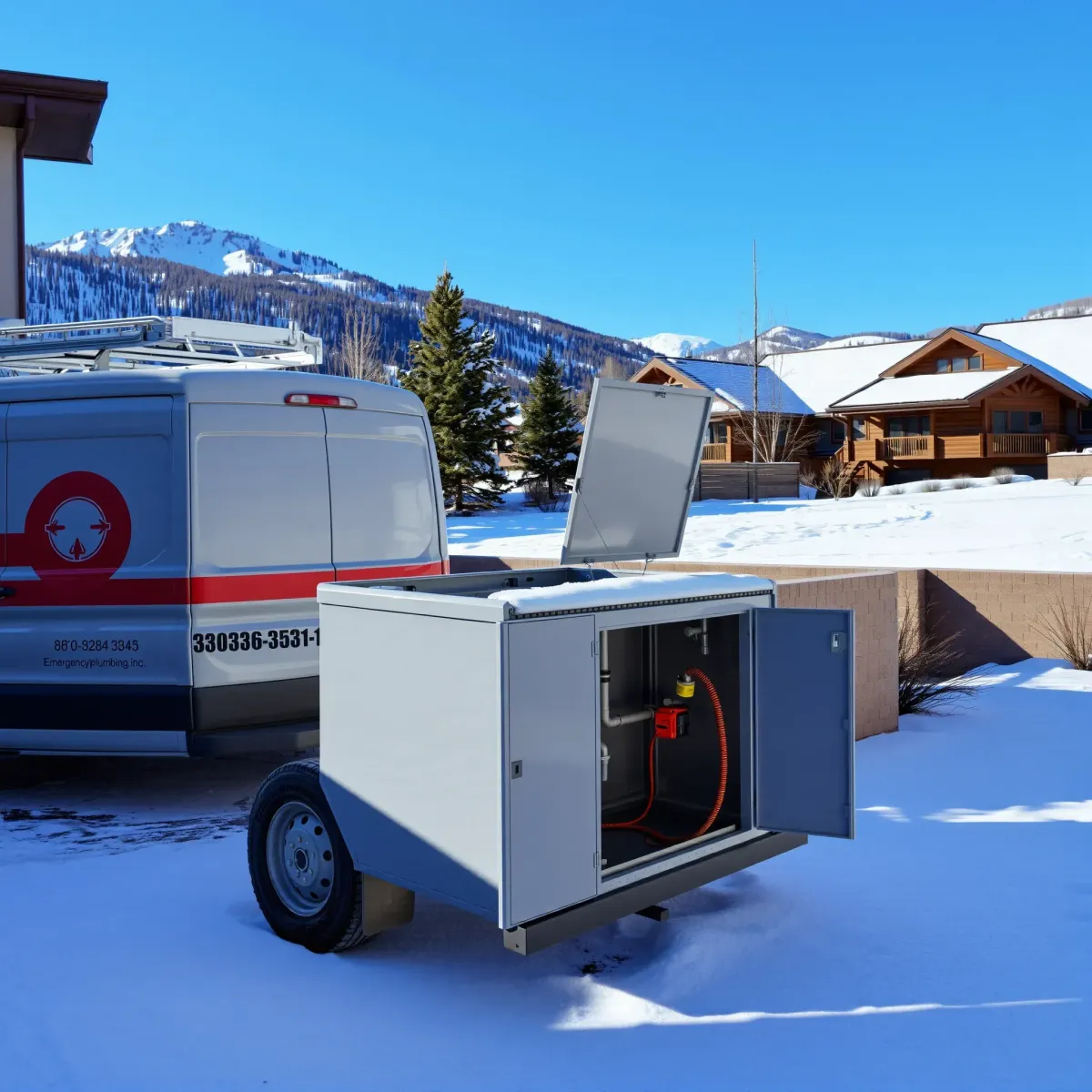 Emergency plumbing repair in Vail, CO with snow-covered ground, mountain views, a service van, and a leaking pipe being fixed outside.