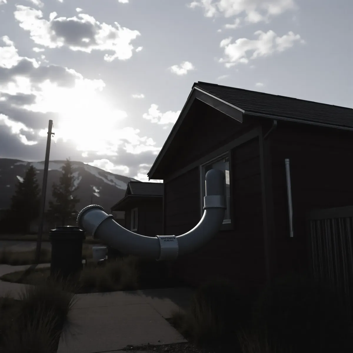 Emergency plumbing repair scene in Meredith, CO, showing tools, plumbing fixtures, and a mountain town exterior.