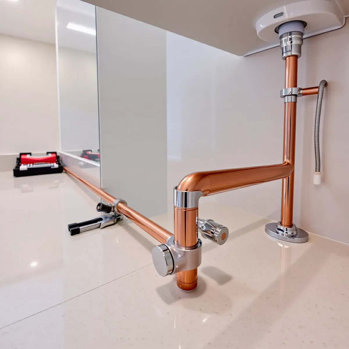 Emergency plumbing setup in Avon, CO with copper pipes, modern fixtures, organized tools, polished surfaces, and clean environment.