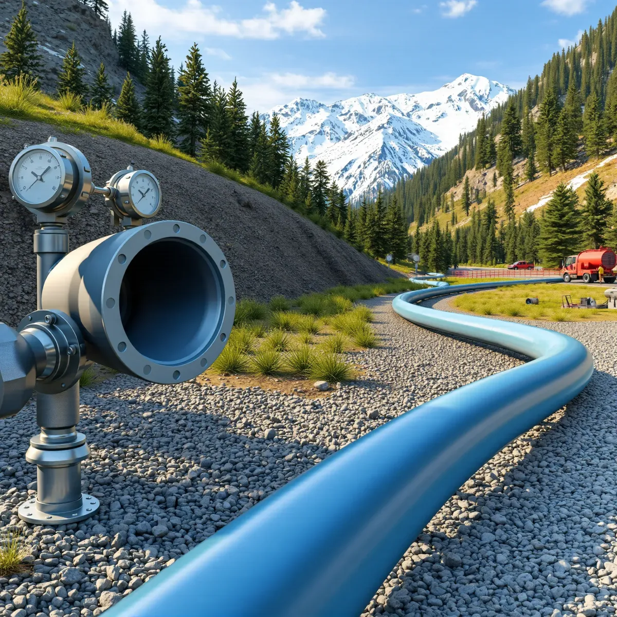 Leak detection system in Breckenridge, CO with underground pipes, mountain backdrop, and precise equipment details.