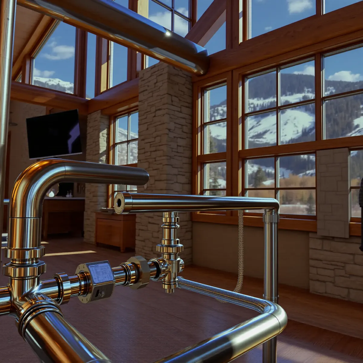 Professional residential plumbing setup in Keystone, Colorado, with metallic pipes, valves, and mountain interior.