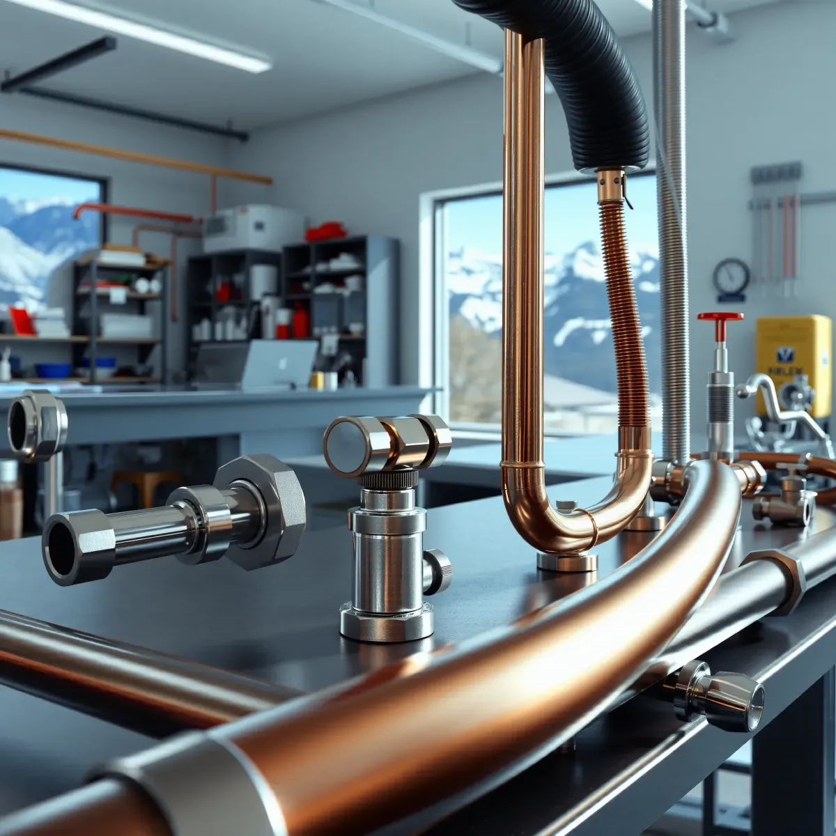 Professional emergency plumbing workspace in Leadville, Colorado with copper pipes, stainless steel tools, and mountain views.