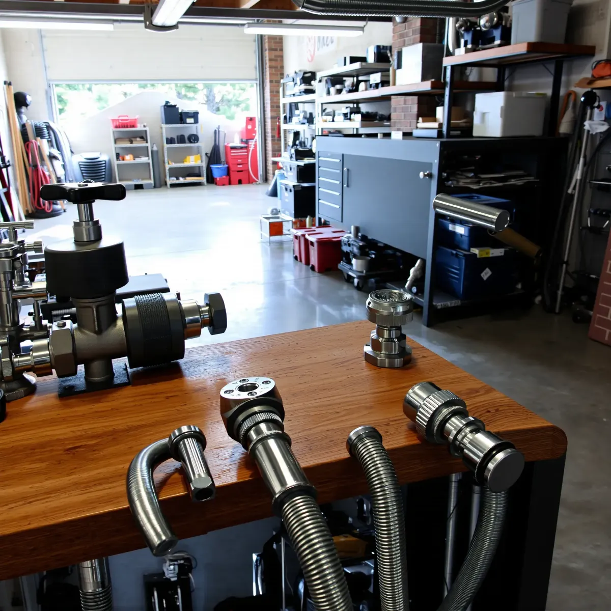 Well-organized emergency plumbing tools and fixtures on a workbench in a clean industrial garage in Avon, CO.
