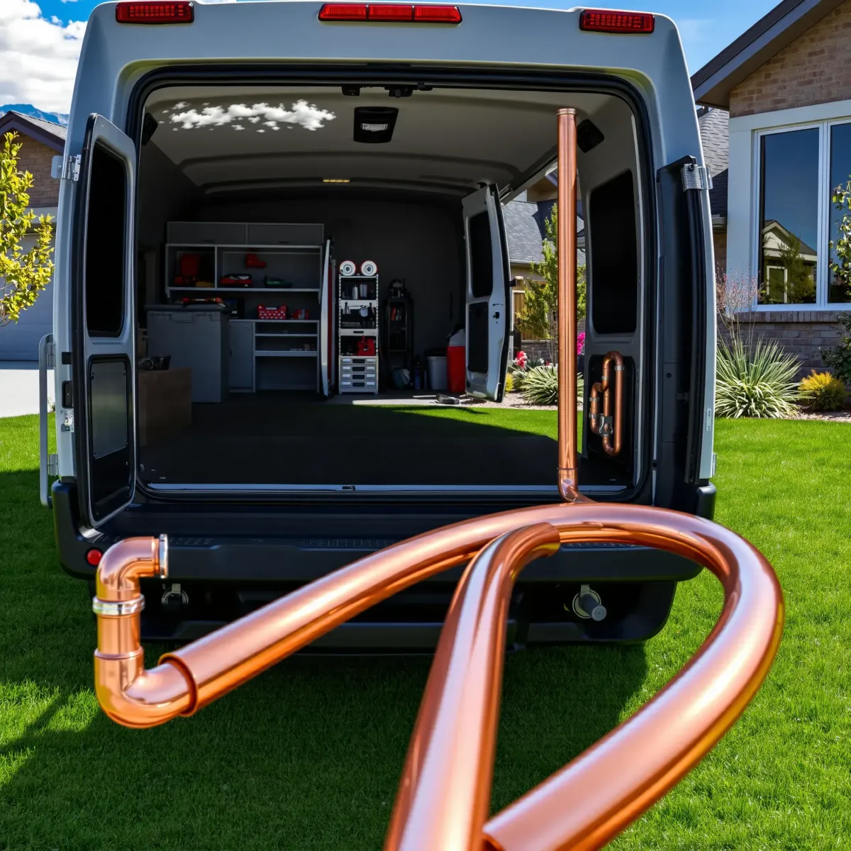 Newly completed emergency plumbing in Dotsero, CO, with a clean copper pipe system outside a modern home and organized tools.