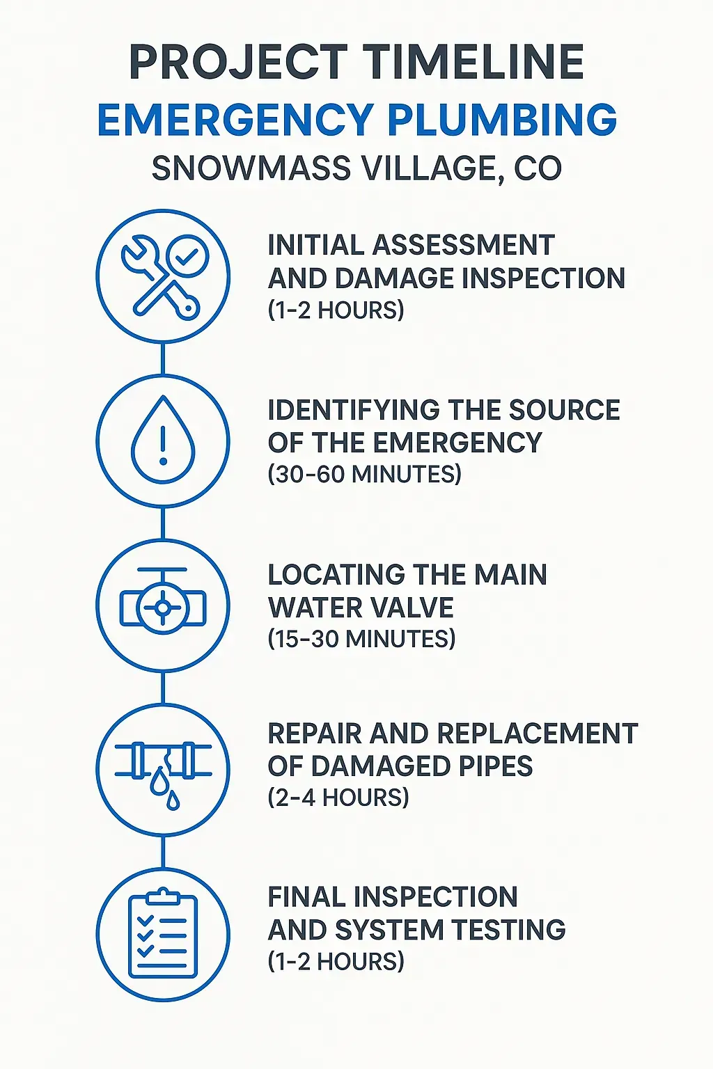 Infographic showing five-step emergency plumbing timeline in Snowmass Village, CO: assessment, source identification, valve location, repairs, and final inspection.