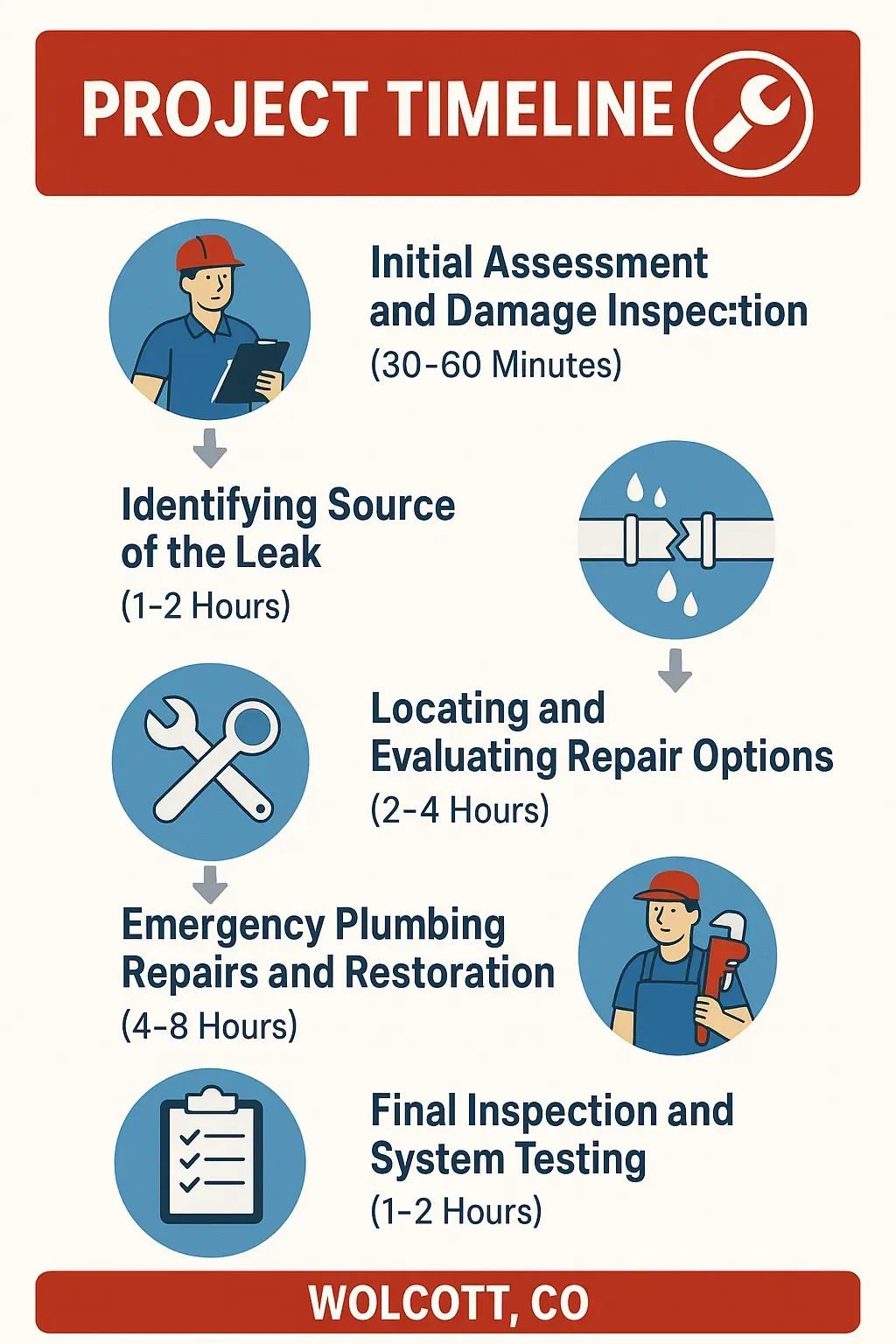 Infographic showing 5-step emergency plumbing timeline in Wolcott, CO: assessment, leak source, repair, restoration, inspection.