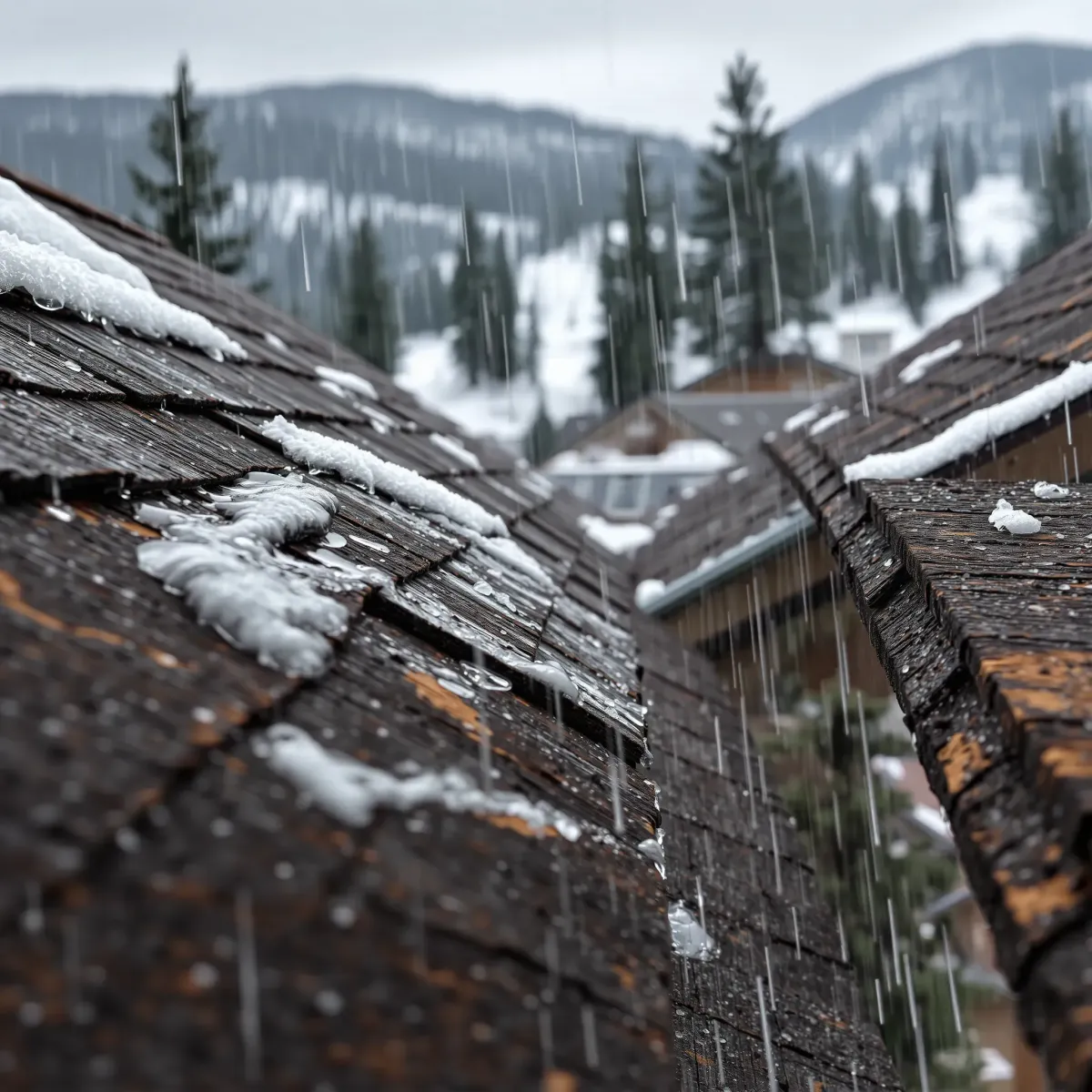 Close-up of a weathered wooden roof in Breckenridge, CO, with water leaks, melting snow, and mountain scenery in the background.