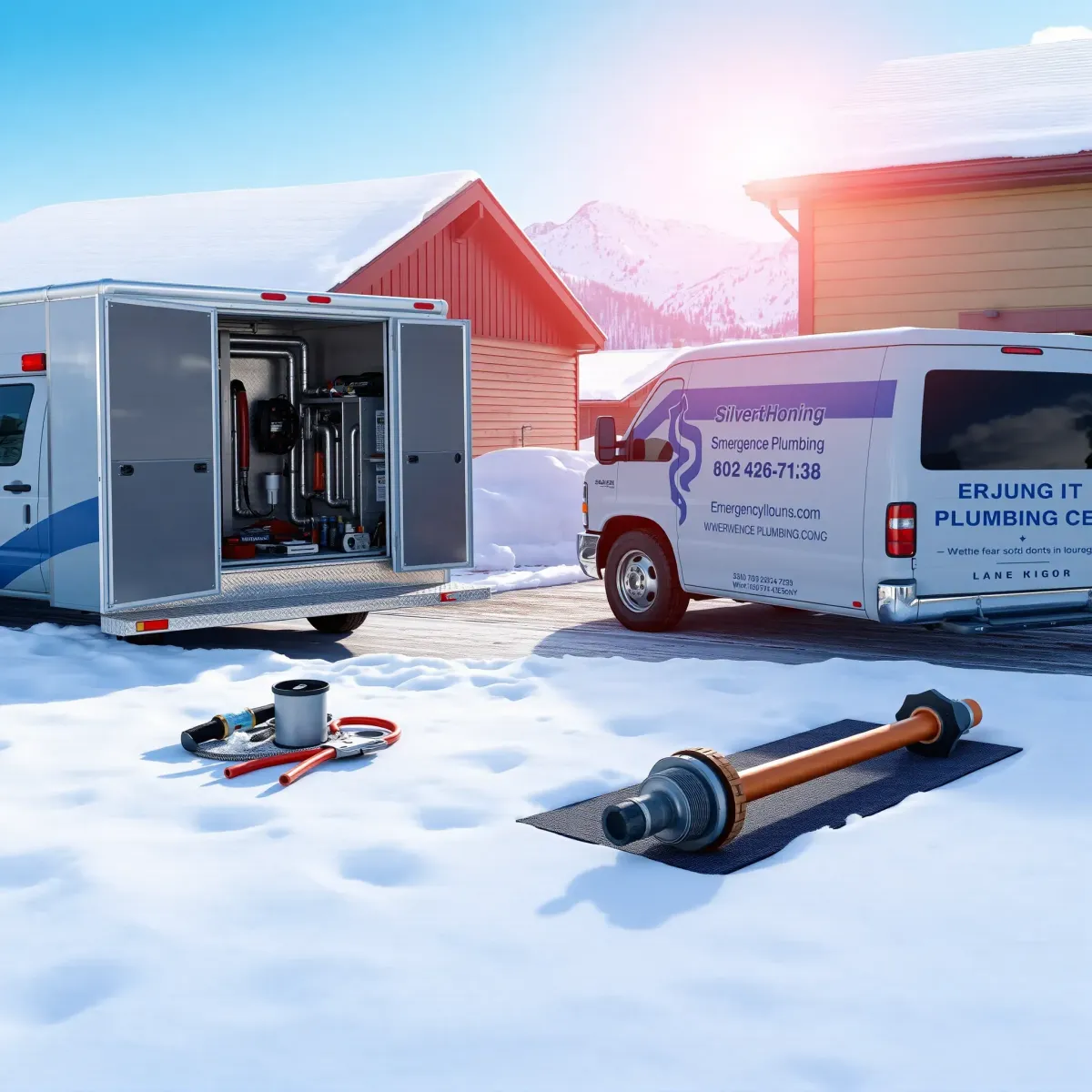 Emergency plumbing technician fixes leak outside a Silverthorne home with mountain views on a snowy Colorado day.