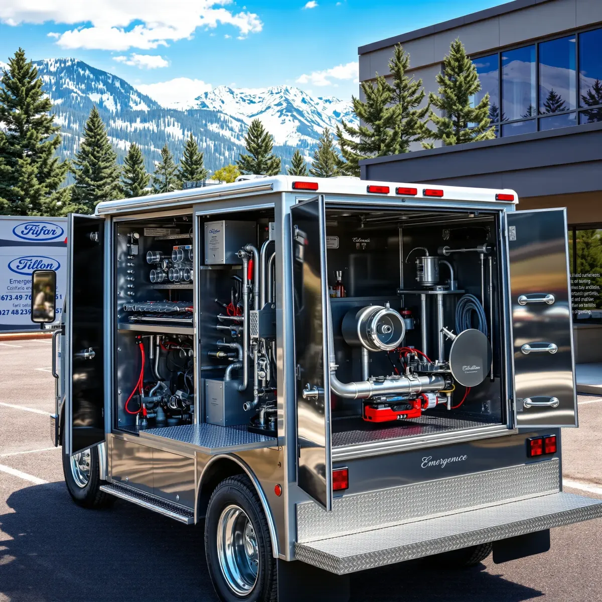 Emergency plumbing truck in Dillon, Colorado, with tools and pipes, set against scenic mountains and modern building.