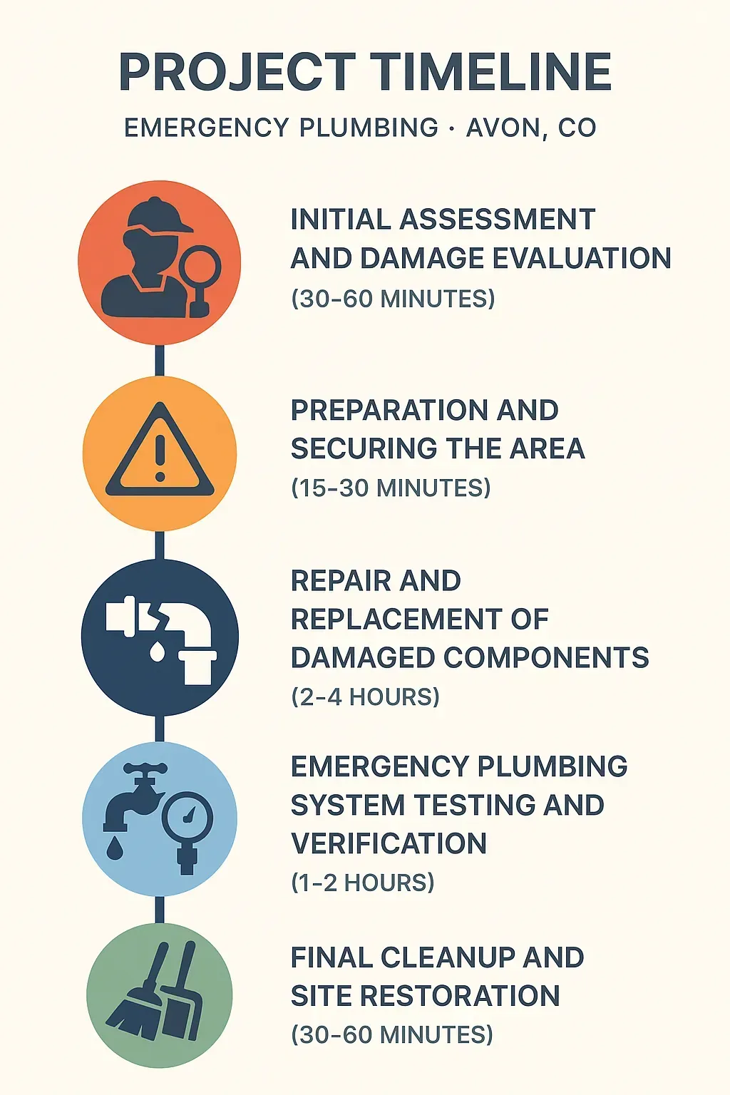 Infographic illustrating the 5-step emergency plumbing timeline in Avon, CO: assessment, prep, repair, testing, cleanup.
