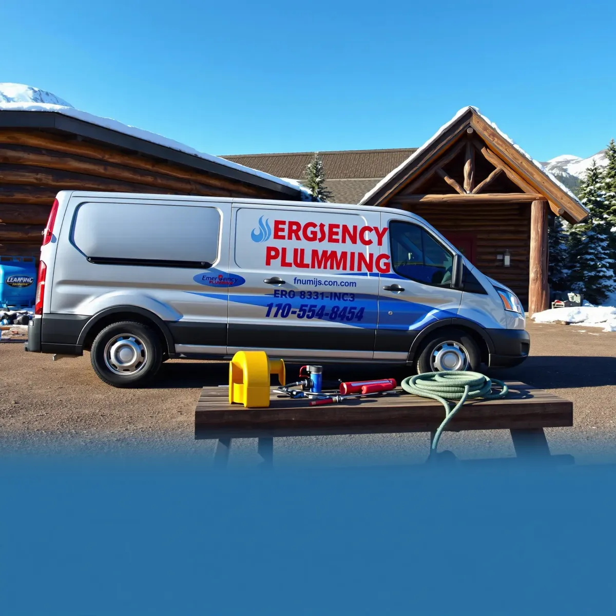 Emergency plumbing van with tools in front of a mountain-themed building in Empire, CO during daytime.