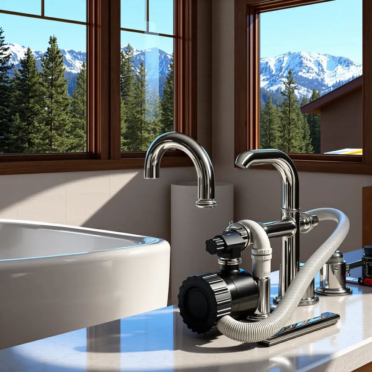 Completed plumbing repair scene in a mountain home, featuring organized tools, shiny pipes, and scenic Colorado mountain views.
