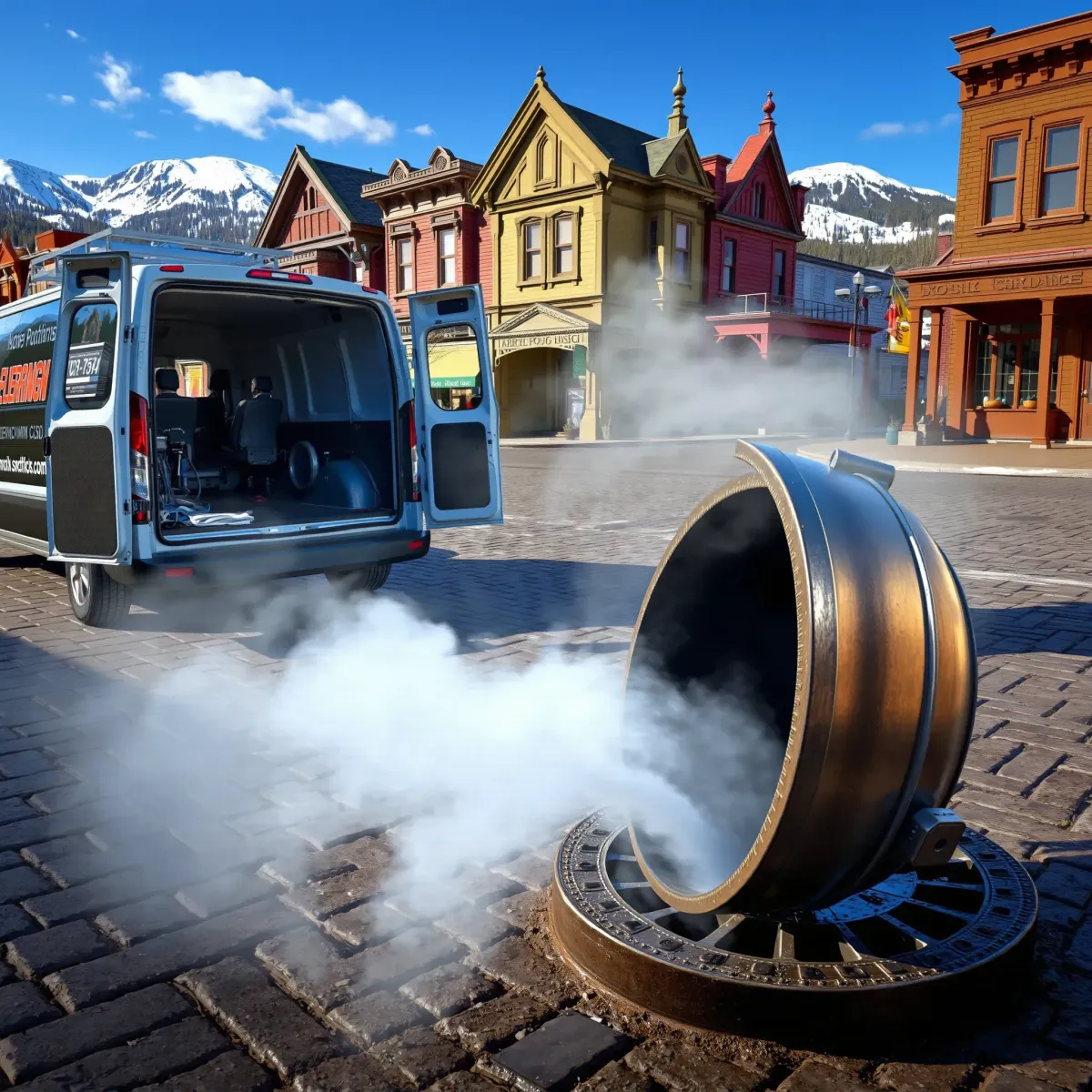 Emergency plumbing scene in Georgetown, CO with a van, tools, open manhole, and steaming water jets near Victorian buildings.
