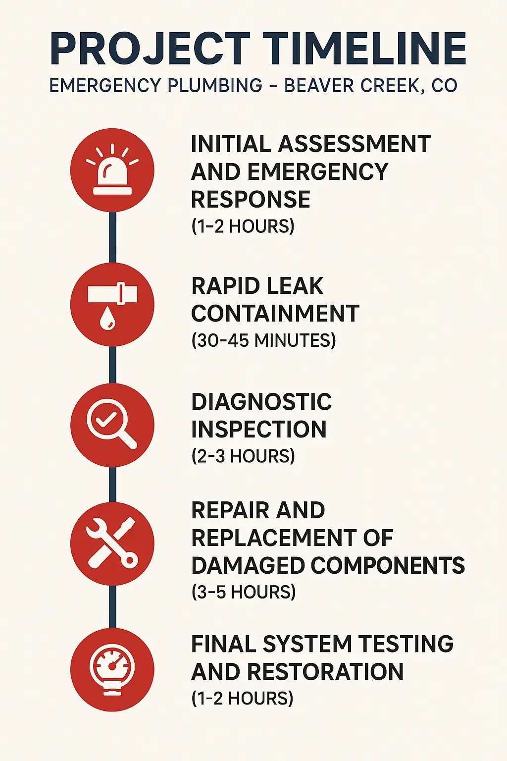 Infographic showing a 5-step emergency plumbing timeline: assessment, leak containment, inspection, repairs, and testing.