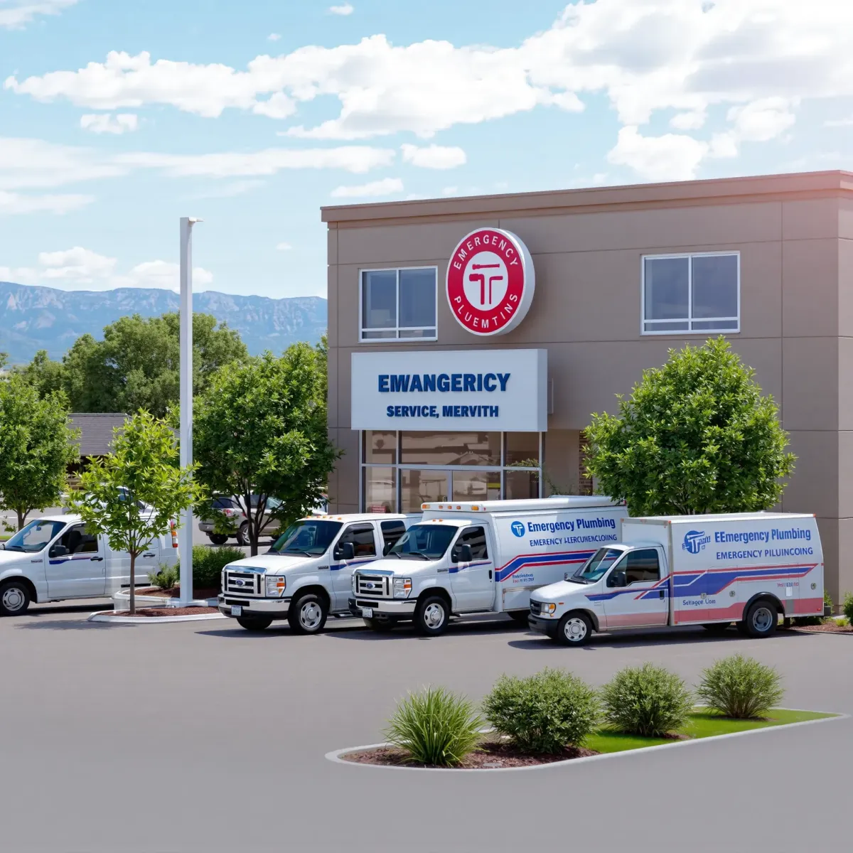 Emergency plumbing trucks at a clean, modern Meredith, CO service facility with mountain views and lush landscaping.