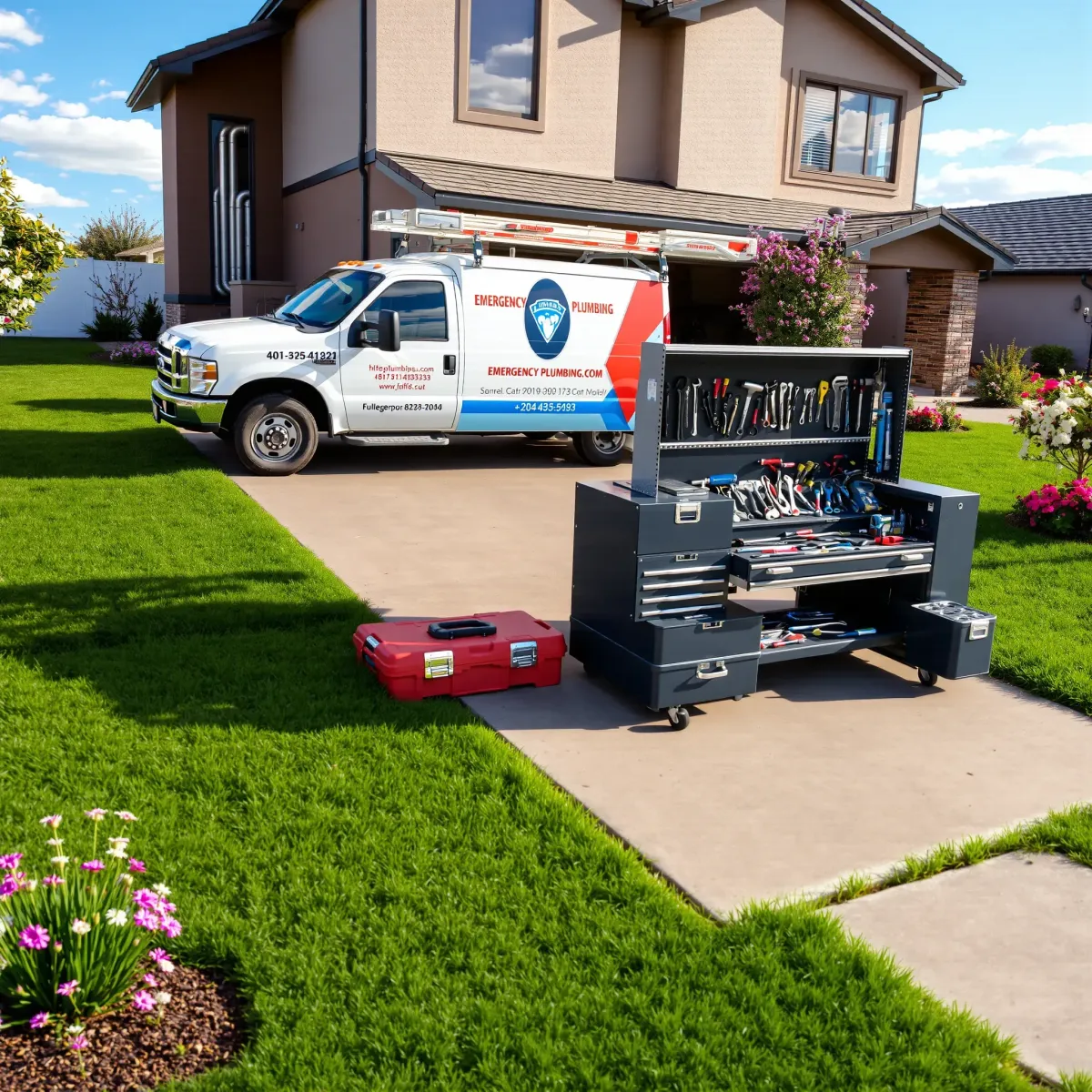 Emergency plumbing truck with branding outside a modern Fulford, CO home, showcasing tools and organized work area.