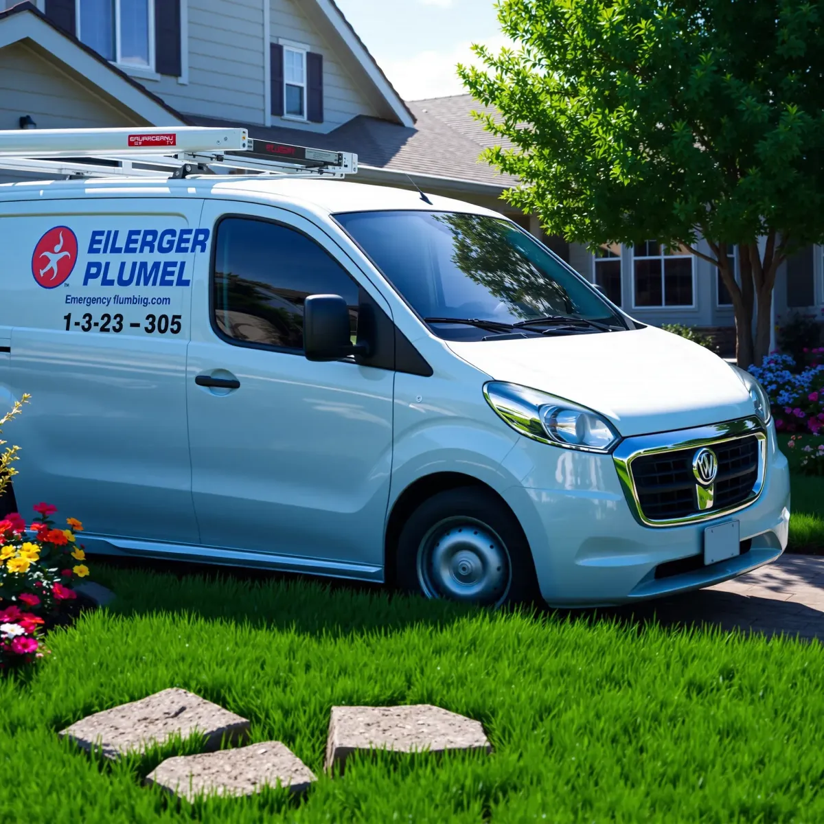 Emergency plumbing service van parked outside a well-maintained house in Fulford, CO, with lush landscaping and bright daylight.