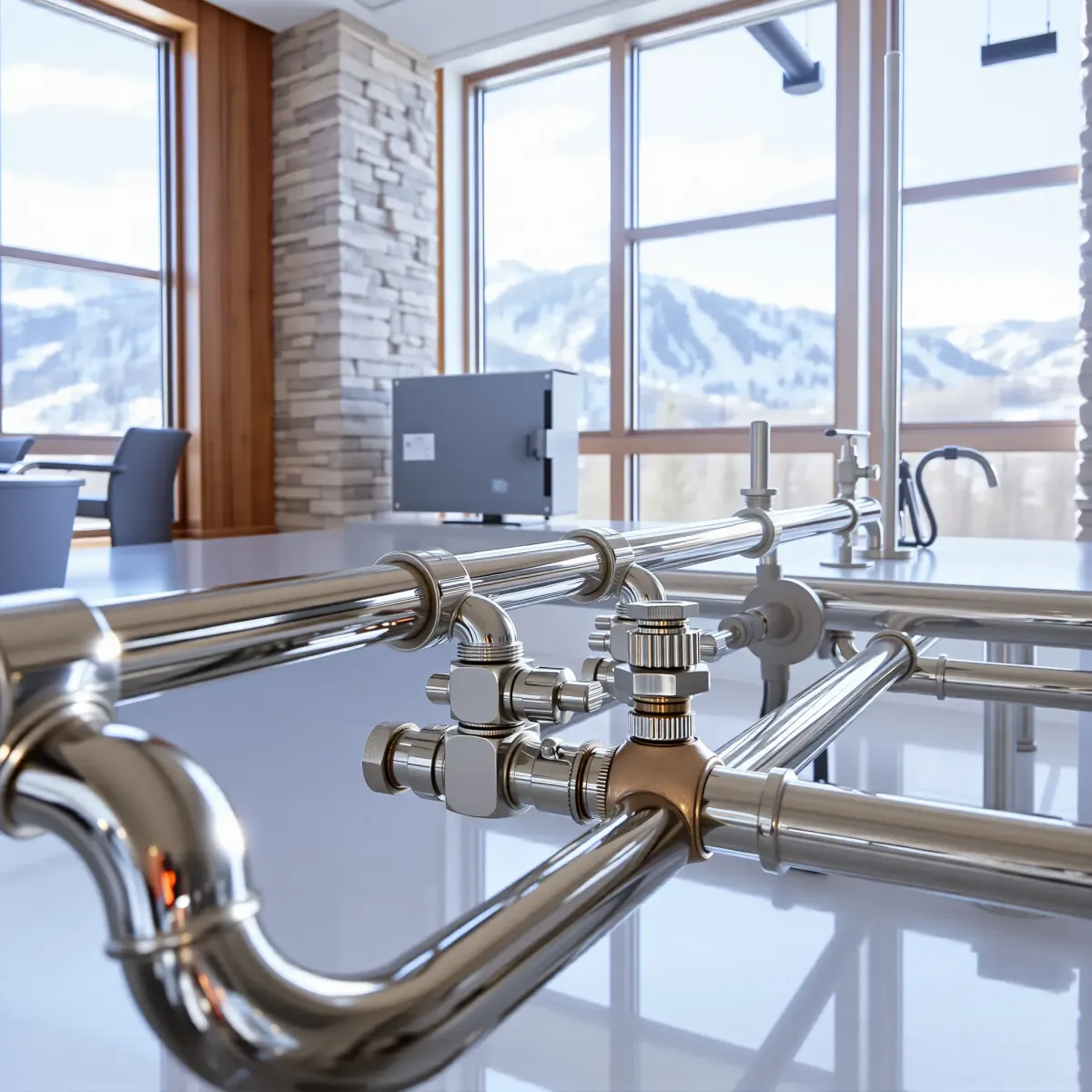 Pristine emergency plumbing repair in Beaver Creek, CO with gleaming pipes, valves, and tools in a scenic alpine setting.
