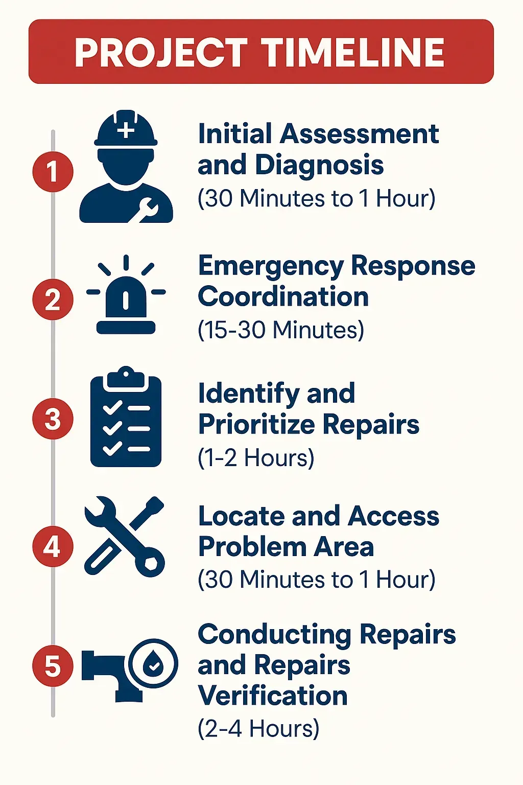 Infographic illustrating a 5-step emergency plumbing timeline in Edwards, CO, from assessment to repair completion.