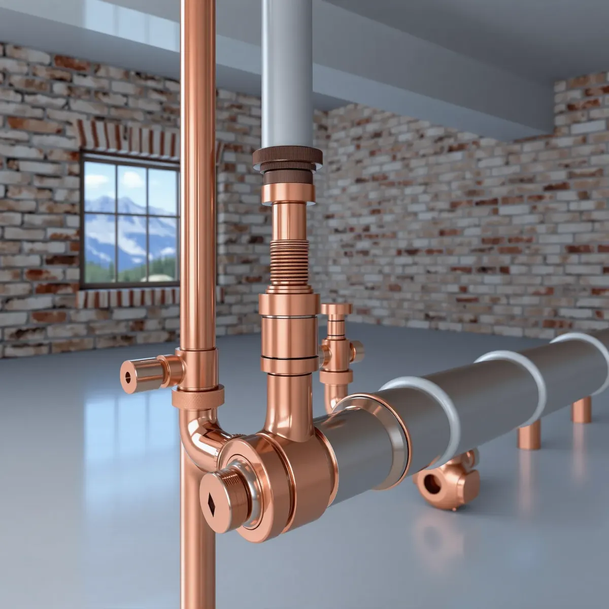 Sparkling copper emergency plumbing system in Colorado, showcasing polished pipes, valves, fittings, and mountain scenery.