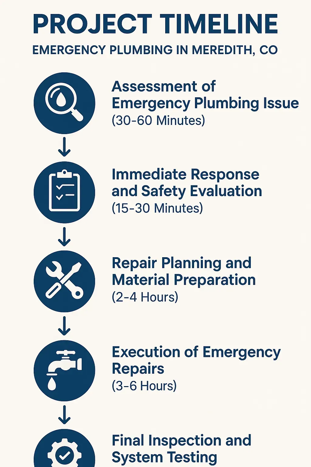 Infographic showing the 5-step emergency plumbing timeline in Meredith, CO: assessment, response, planning, repairs, inspection.