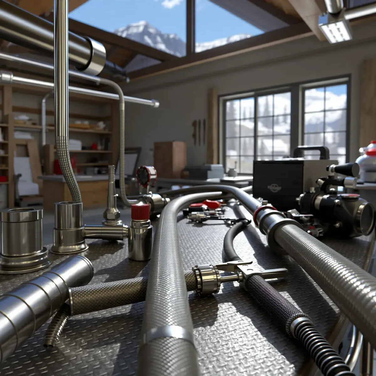 Emergency plumbing gear in Aspen workshop with stainless steel pipes, tools, rustic decor, natural light, and professional setup.