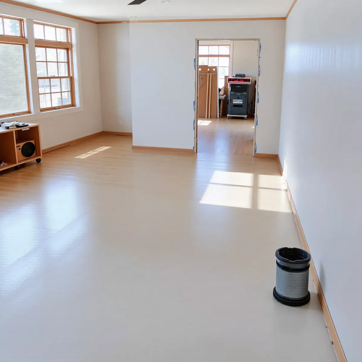 Restored interior in Breckenridge showing cleaned drywall, refinished hardwood floors, fresh paint, and organized workspace.